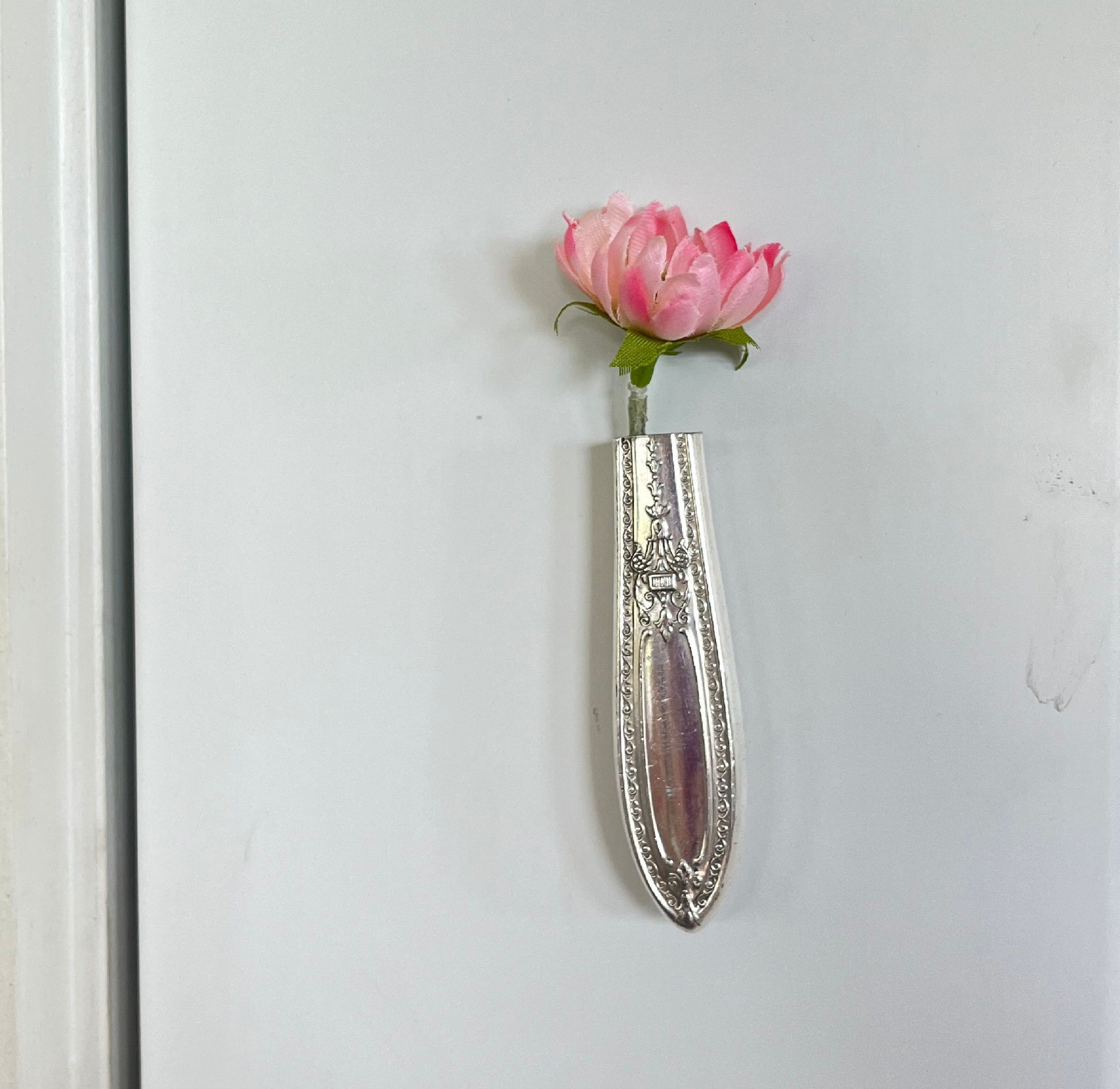 Vintage William Rogers Triumph art deco silverplate bud vase with magnet holding single flower on metal surface - knife vase - handcrafted from upcycled vintage silverware - Laughing Frog Studio