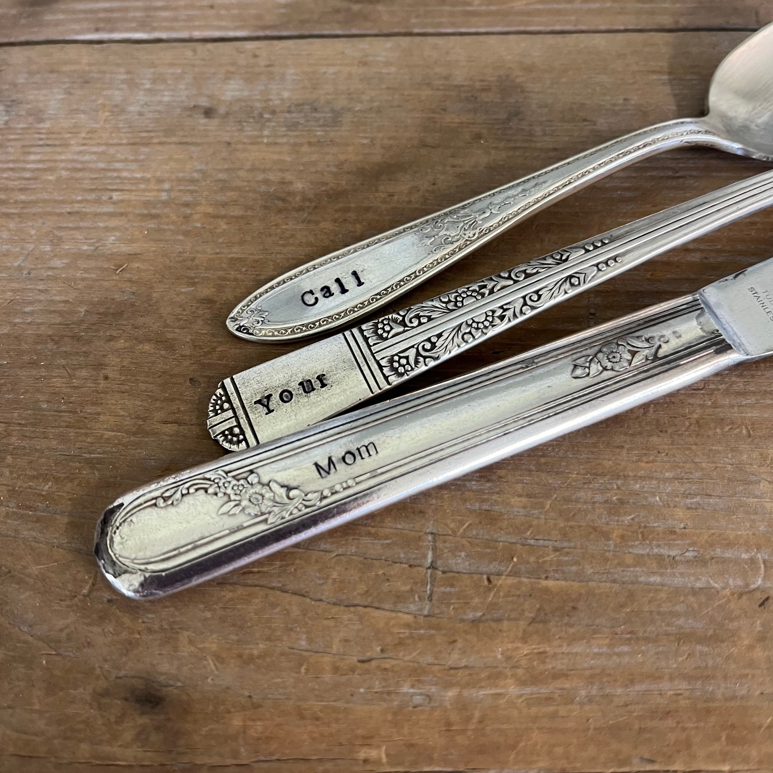Three vintage silverware handles hand-stamped with Call Your Mom - upcycled silverware gift idea - handcrafted from upcycled vintage silverware - Laughing Frog Studio