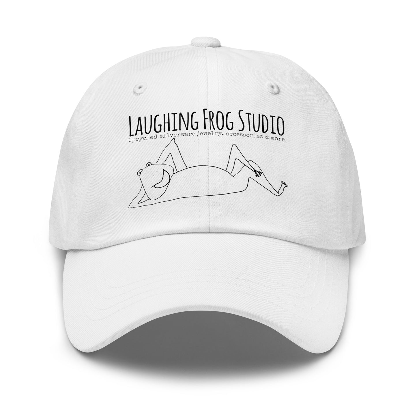 Close up of Laughing Frog Studio branded white canvas baseball cap - upcycled silverware jewelry accessories and more - laughingfrogstudio.com