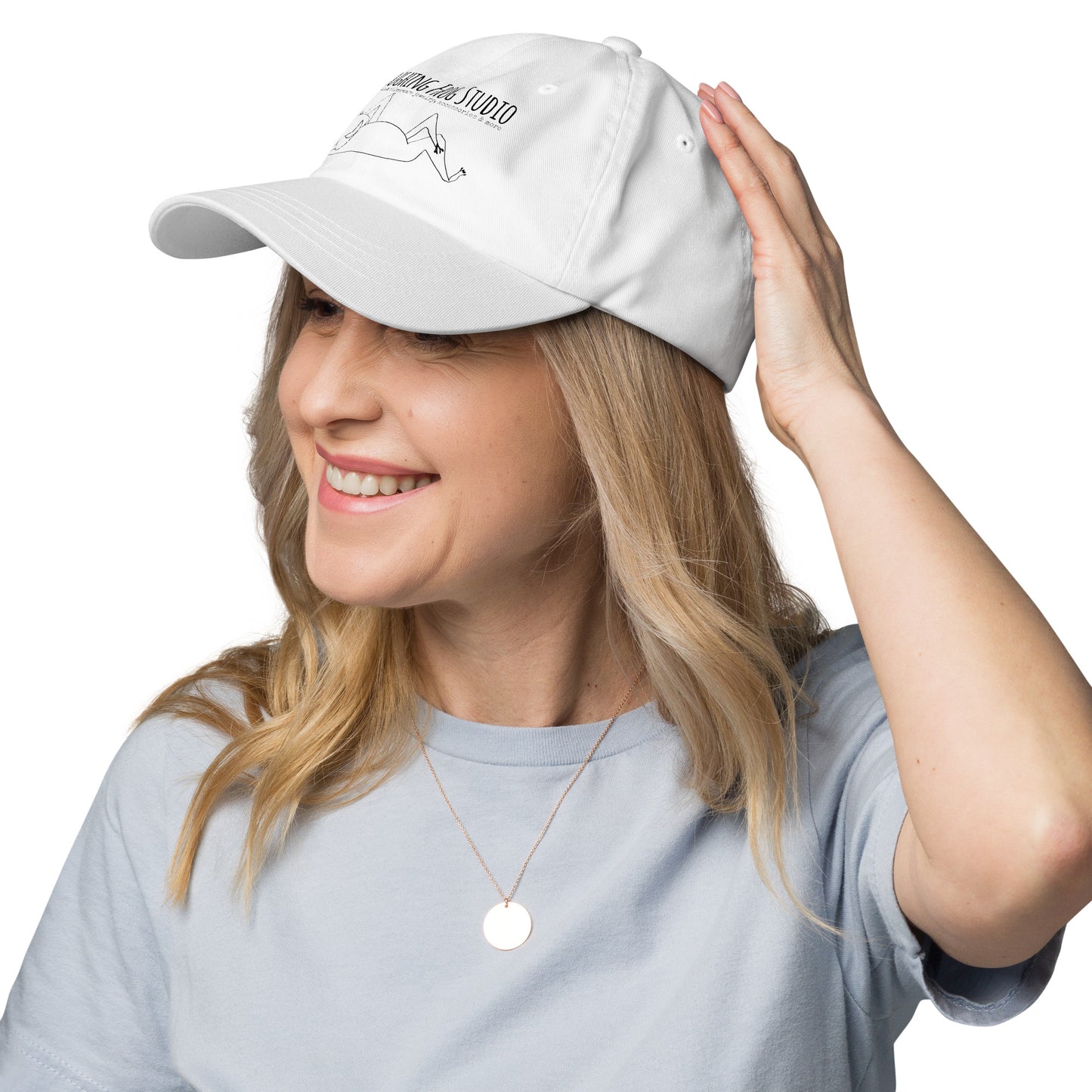 Alternat view of Laughing Frog Studio branded white canvas baseball cap - upcycled silverware jewelry accessories and more - laughingfrogstudio.com