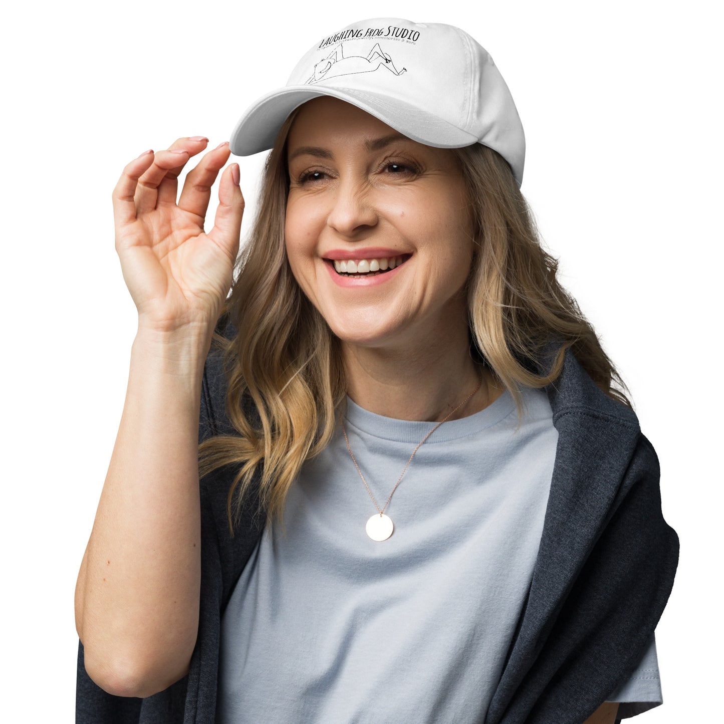 Laughing Frog Studio branded white canvas baseball cap - upcycled silverware jewelry accessories and more - laughingfrogstudio.com