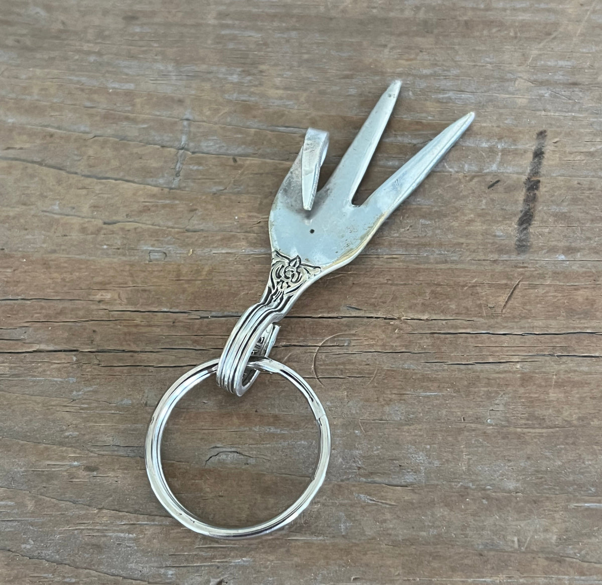 Peace sign fork keychain handcrafted from vintage silverplate fork - upcycled silverware accessory - Laughing Frog Studio