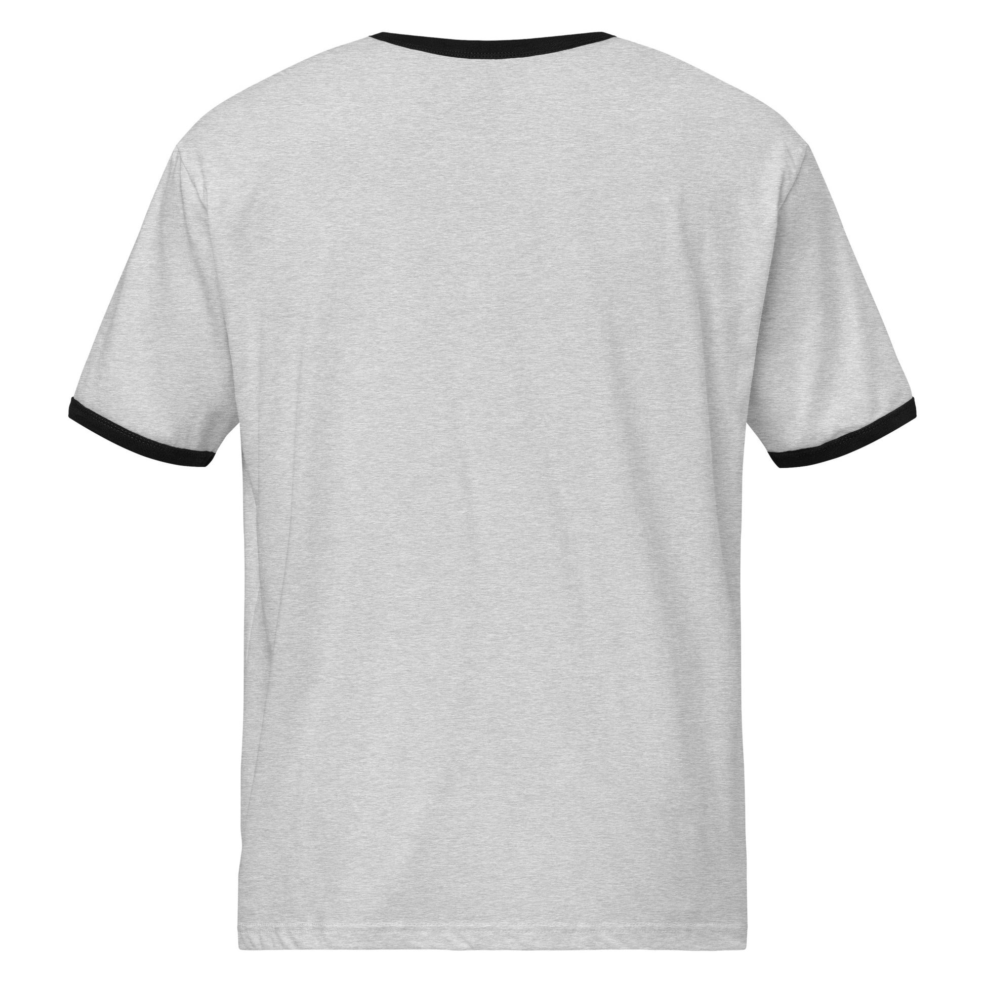 Back view of Laughing Frog Studio branded ringer t-shirt in heather gray - upcycled silverware jewelry accessories and more - laughingfrogstudio.com