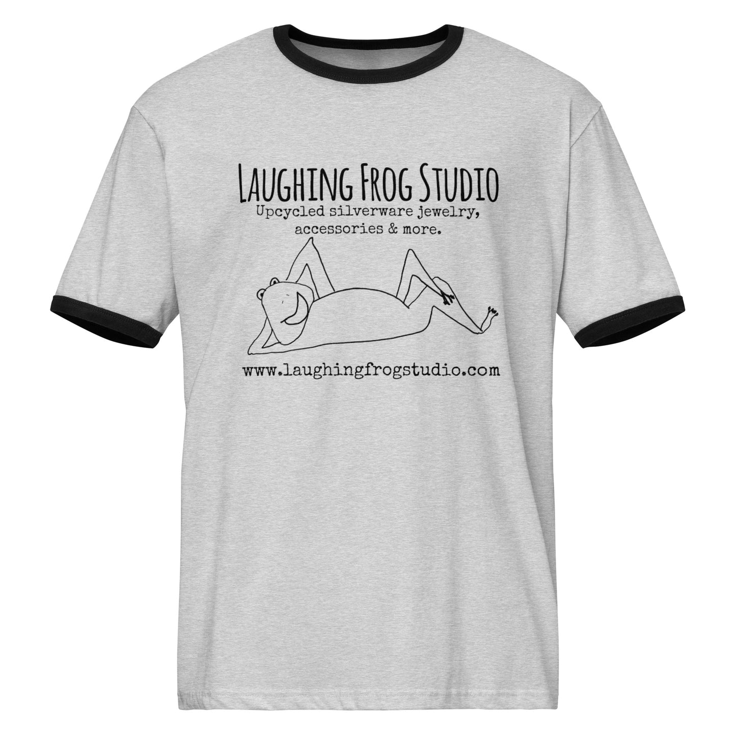 Close up of Laughing Frog Studio branded ringer t-shirt in heather gray - upcycled silverware jewelry accessories and more - laughingfrogstudio.com