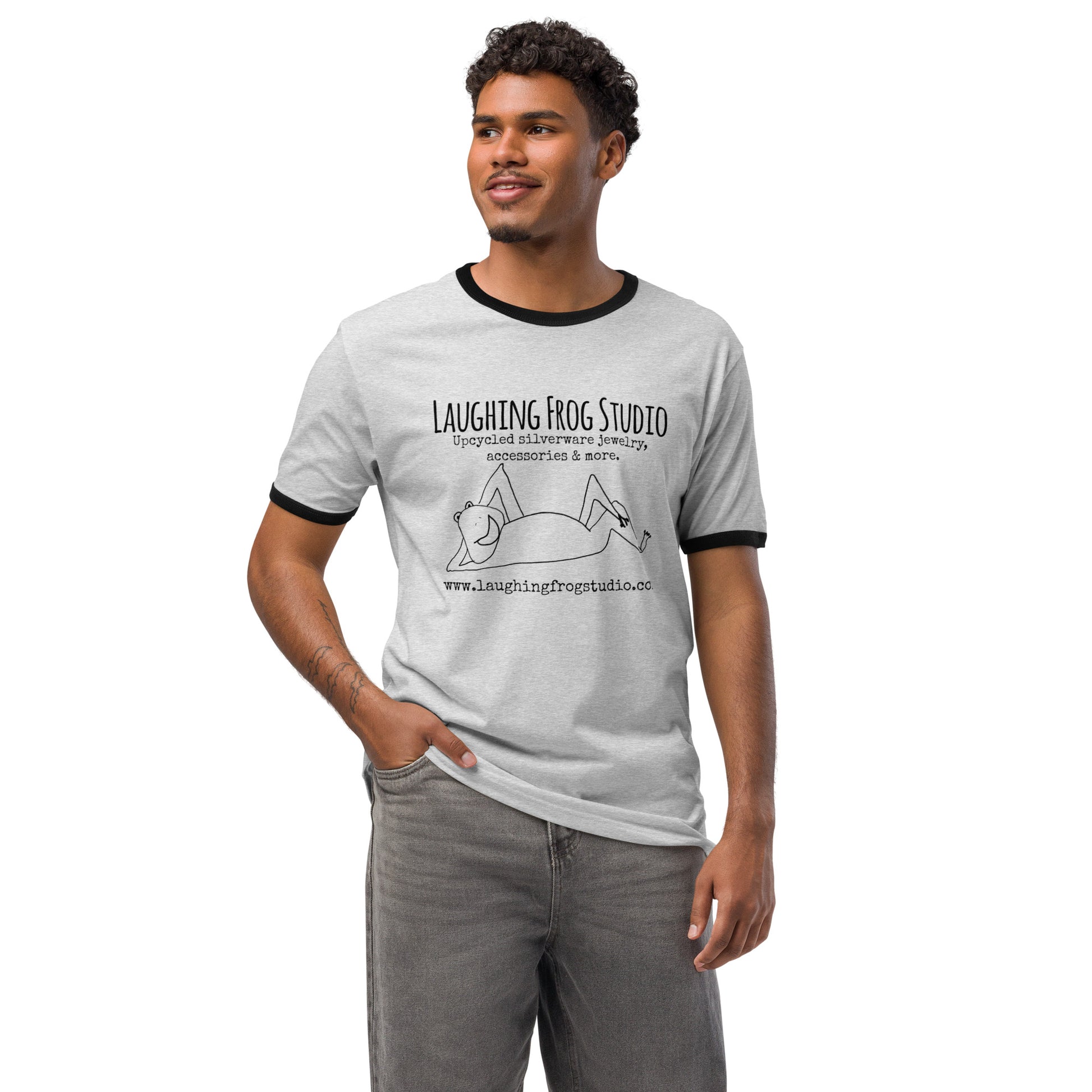 Model wearing Laughing Frog Studio branded ringer t-shirt in heather gray - upcycled silverware jewelry accessories and more - laughingfrogstudio.com