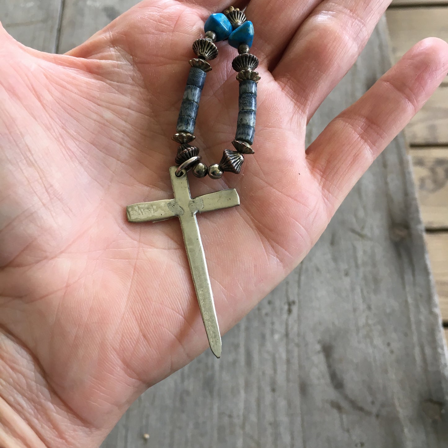 Fork Tine Cross Pendant Necklace on Vintage Beaded Chain - #1193