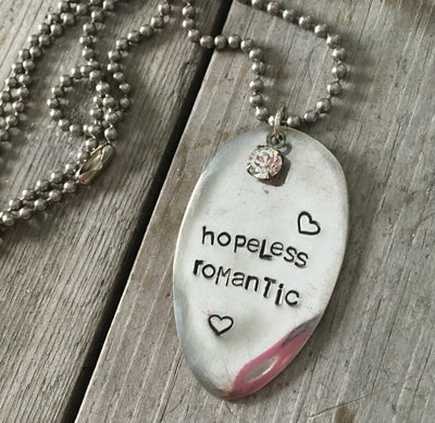 Handcrafted HOPELESS ROMANTIC stamped spoon necklace with rhinestone jewel on vintage 1970s ball chain, upcycled silverplate romantic jewelry