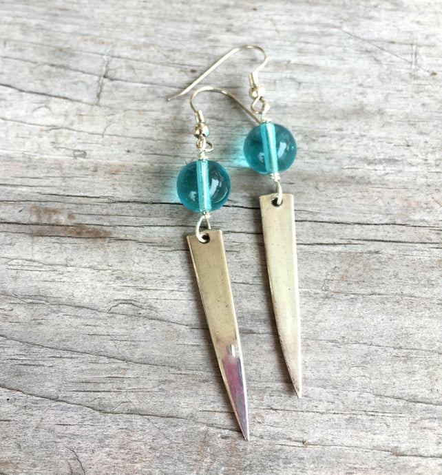 Fork Tine Earrings with Aqua Glass Bead