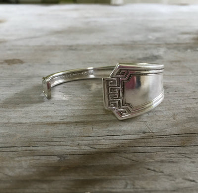 1881 Rogers Grecian pattern spoon cuff bracelet detailed view - handcrafted from upcycled vintage silverware - Laughing Frog Studio