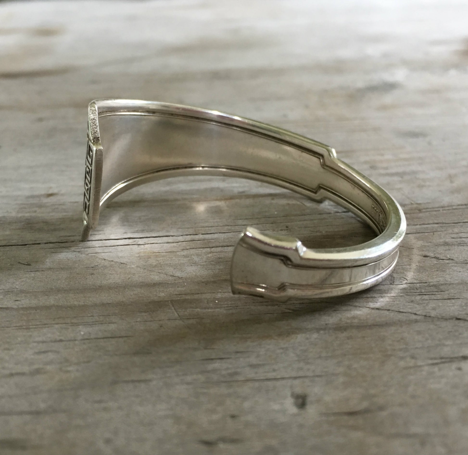 1881 Rogers Grecian silverplate cuff bracelet detail showing design on all sides - handcrafted from upcycled vintage silverware - Laughing Frog Studio