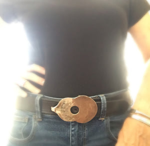 Guitar Bet Buckle Upcycled from Vintage Community Silverplate Grosvenor Casserole Spoon Shown on Belt on Model