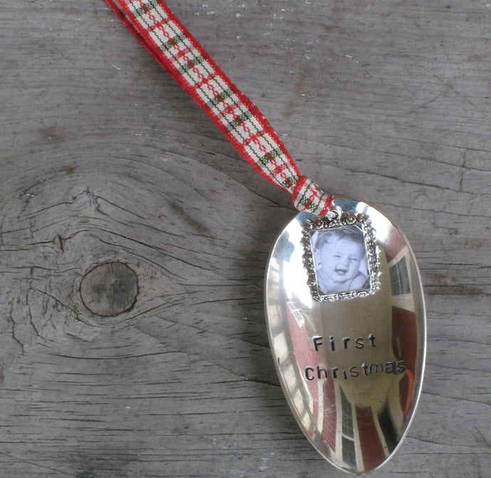 Upcycled Spoon Christmas Ornament with Handstamped First Christmas and photo frame