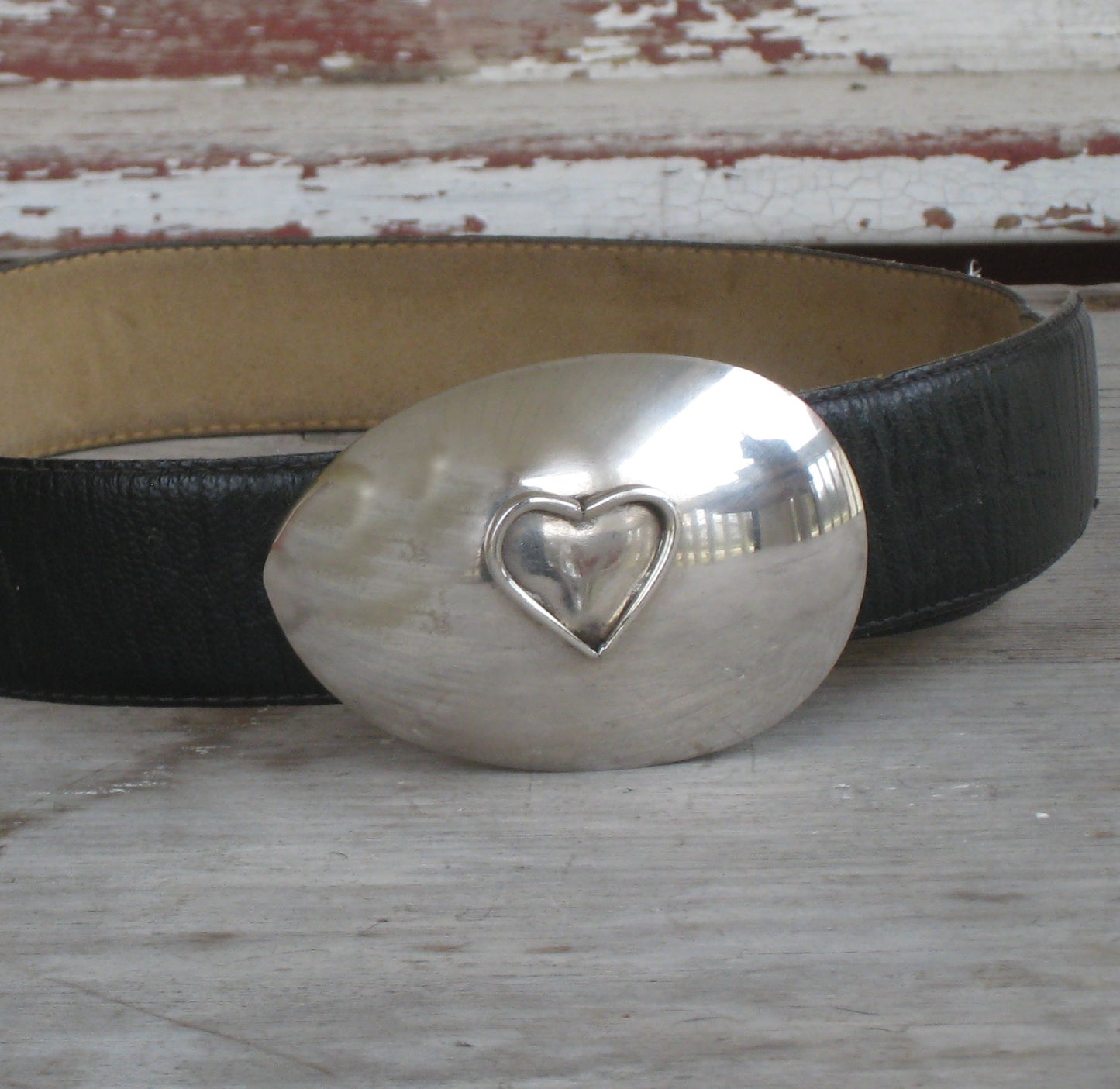 Handcrafted heart spoon belt buckle with applied fork-tine heart centerpiece on upcycled vintage casserole spoon, romantic silverplate accessory