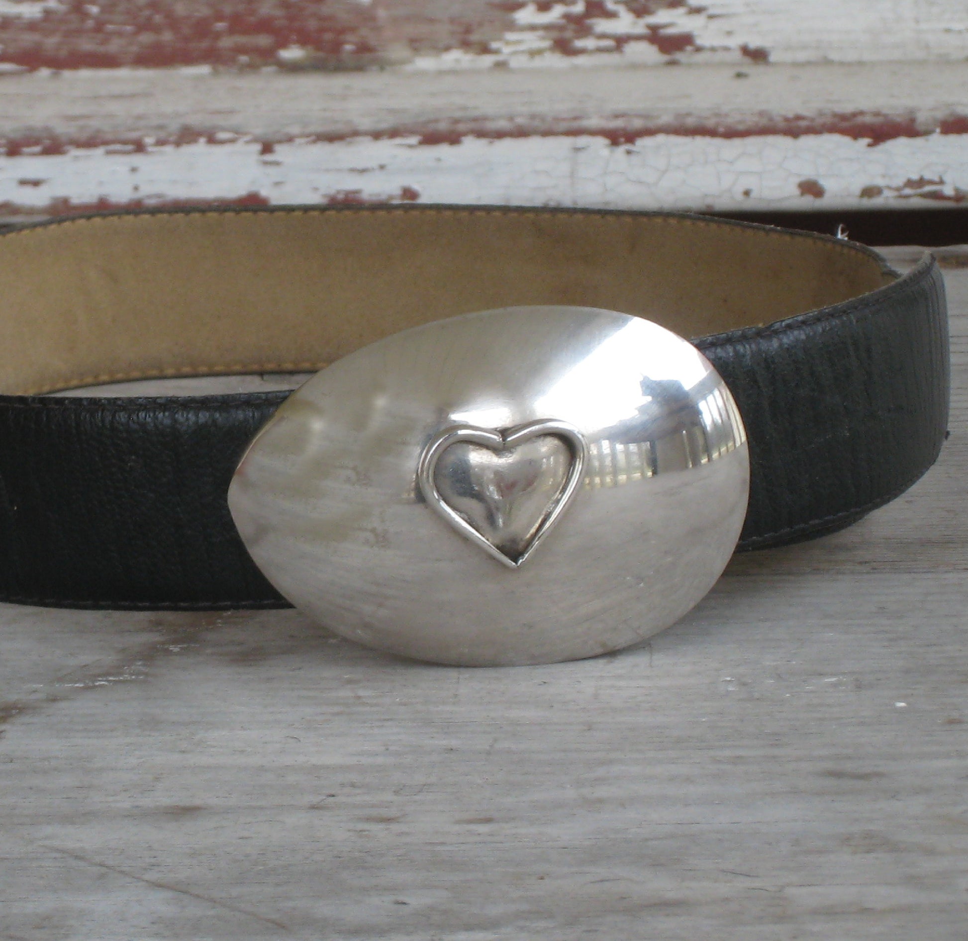 Handcrafted heart spoon belt buckle with applied fork-tine heart centerpiece on upcycled vintage casserole spoon, romantic silverplate accessory