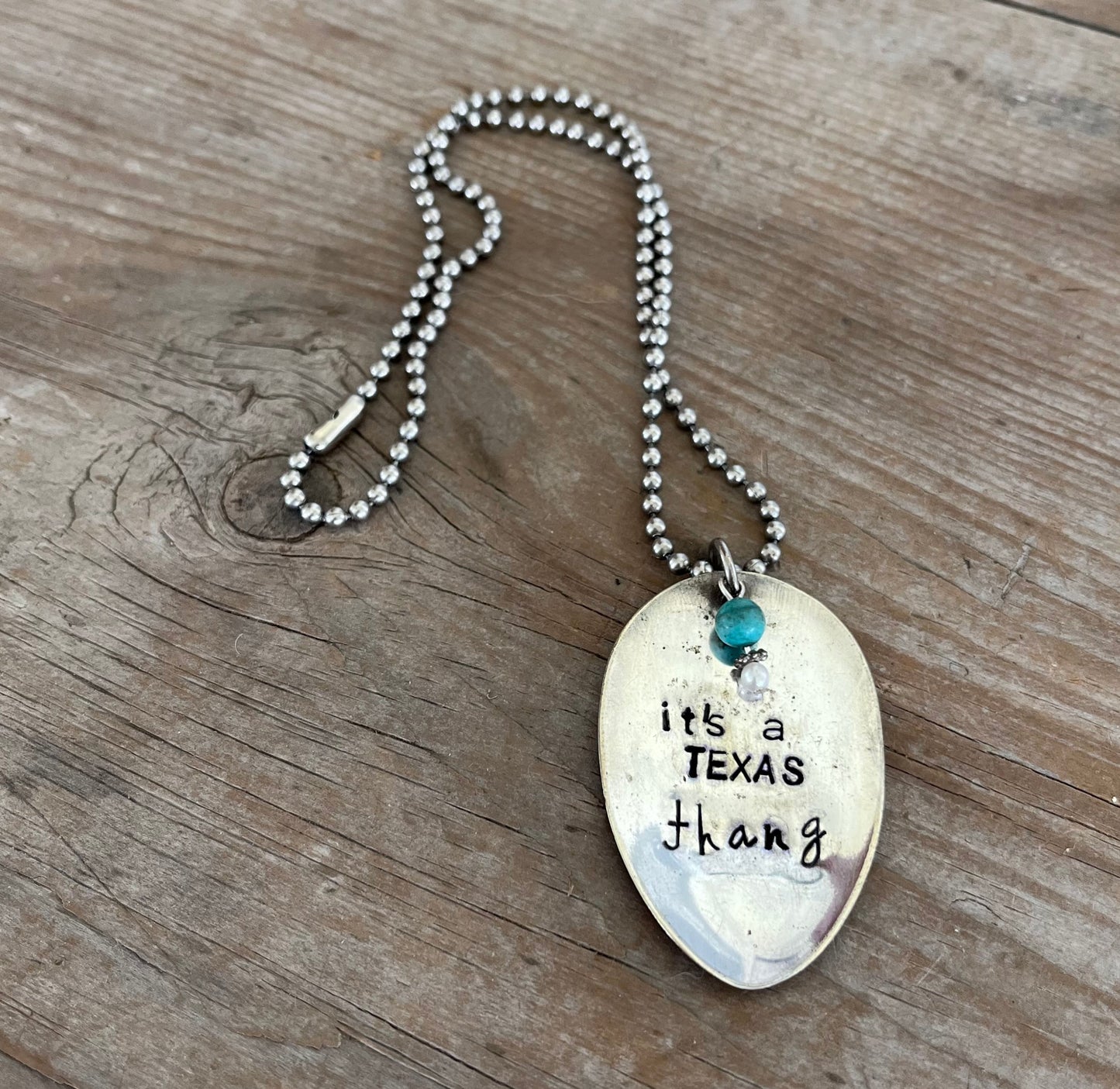 Handcrafted IT'S A TEXAS THANG stamped spoon necklace with beads on vintage 1970s ball chain, upcycled silverplate Lone Star jewelry
