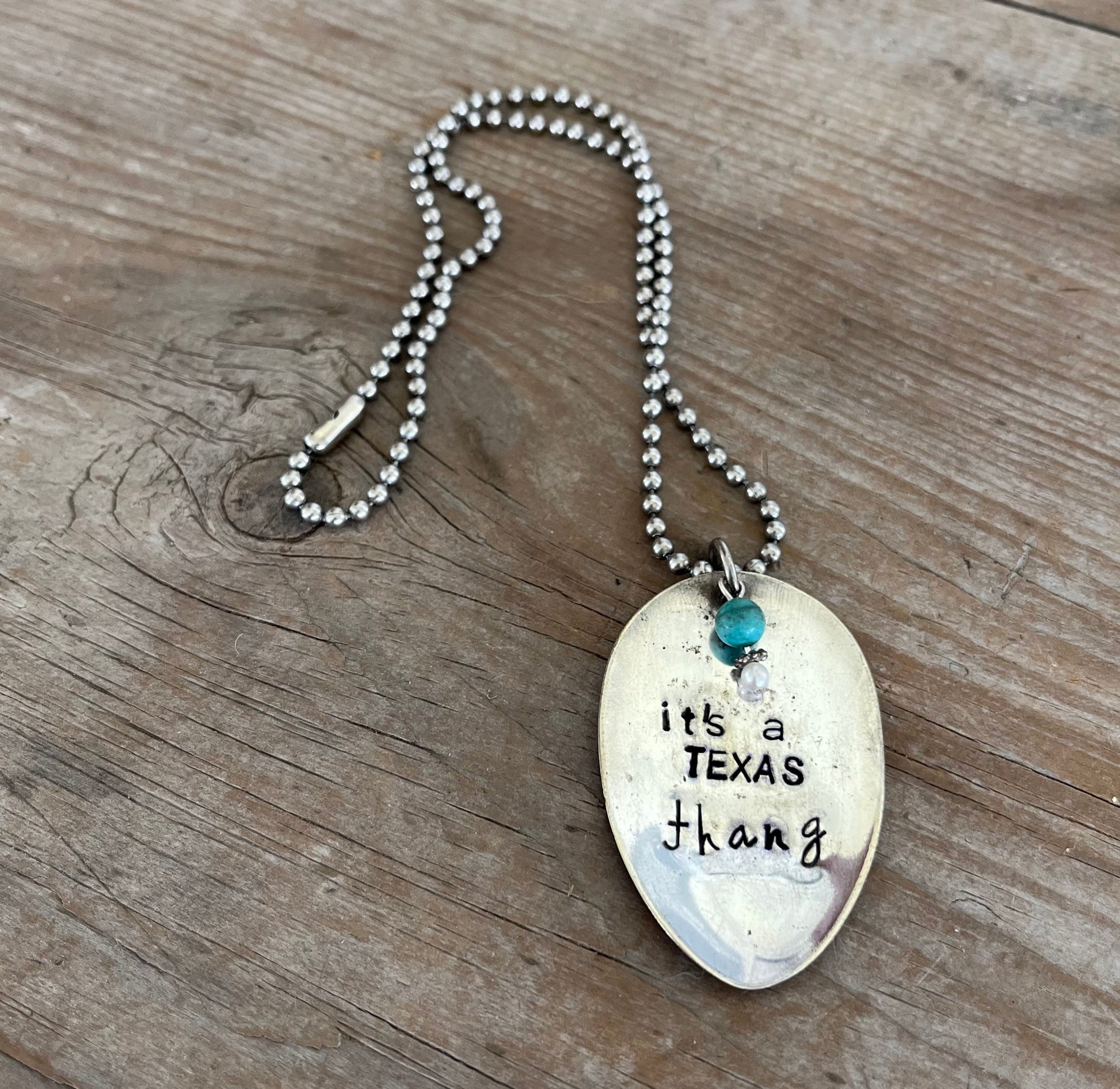 Handcrafted IT'S A TEXAS THANG stamped spoon necklace with beads on vintage 1970s ball chain, upcycled silverplate Lone Star jewelry