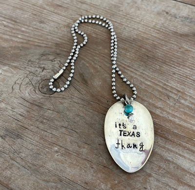 Handcrafted IT'S A TEXAS THANG stamped spoon necklace with beads on vintage 1970s ball chain, upcycled silverplate Lone Star jewelry