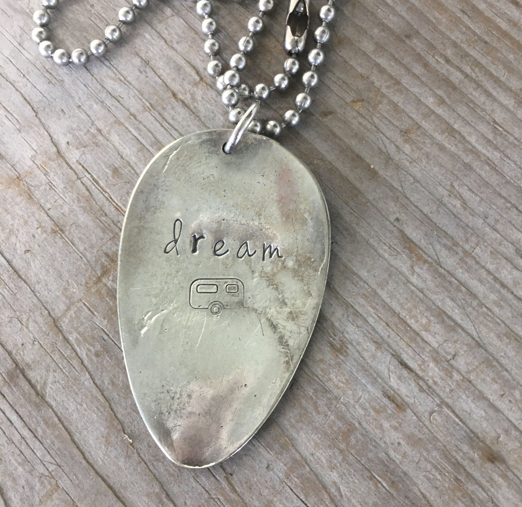 Upcycled Spoon Necklace Handstamped with DREAM and vintage camper