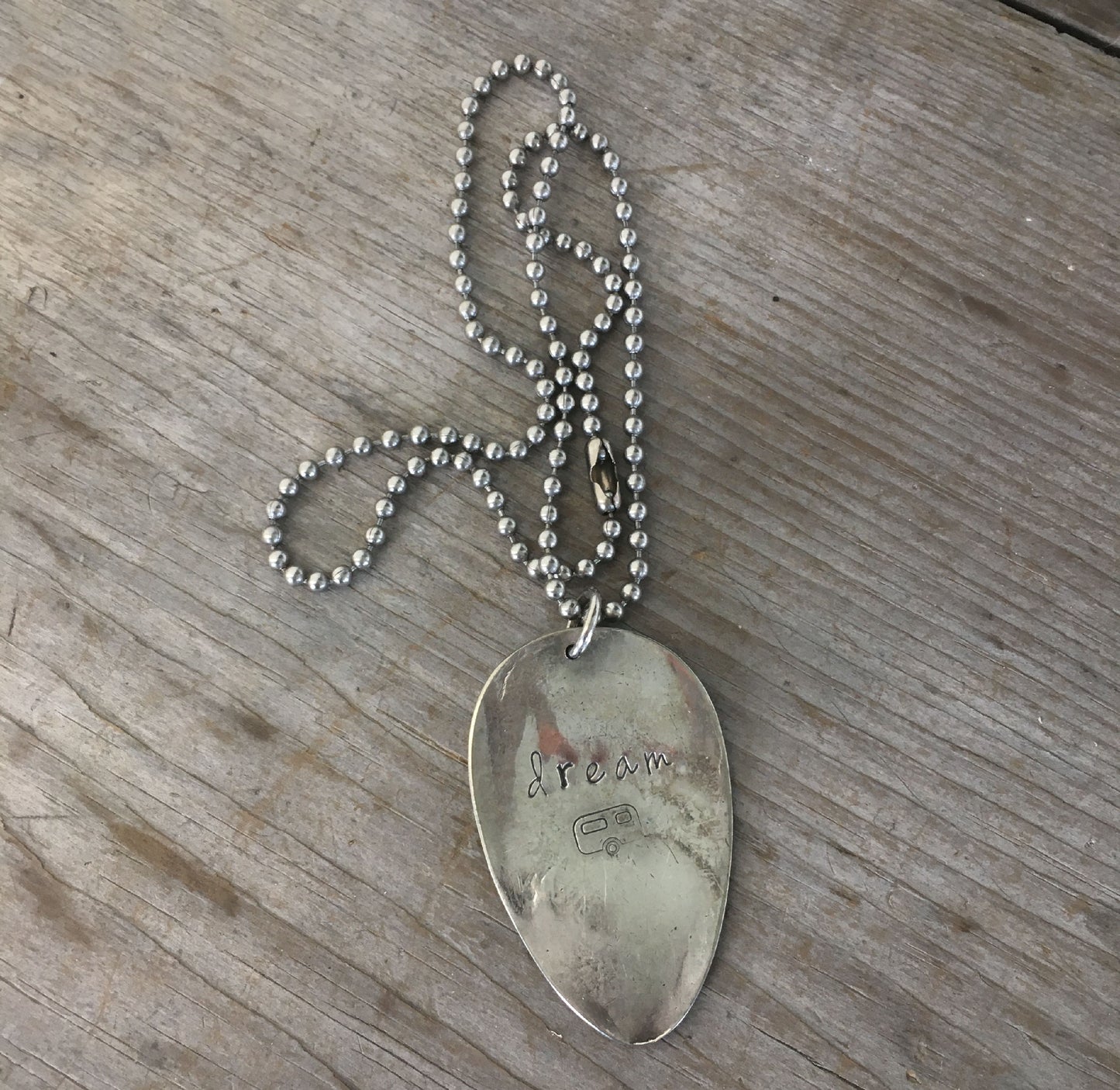 Upcycled Spoon Necklace Handstamped with DREAM and vintage camper