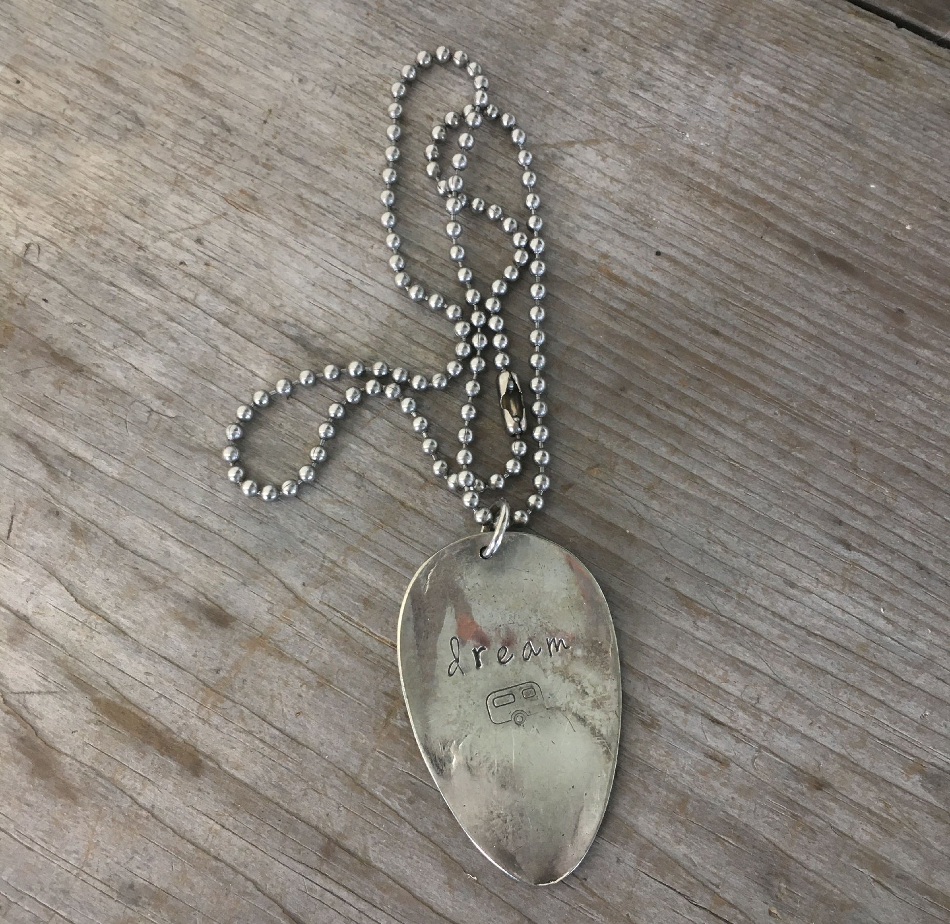 Upcycled Spoon Necklace Handstamped with DREAM and vintage camper