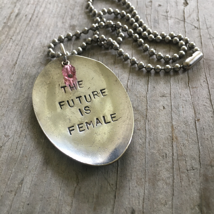 Stamped Spoon Necklace - THE FUTURE IS FEMALE - w/ Bead - #3979