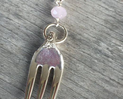 SALE Fork Necklace - Pink Czech Bead - #3204