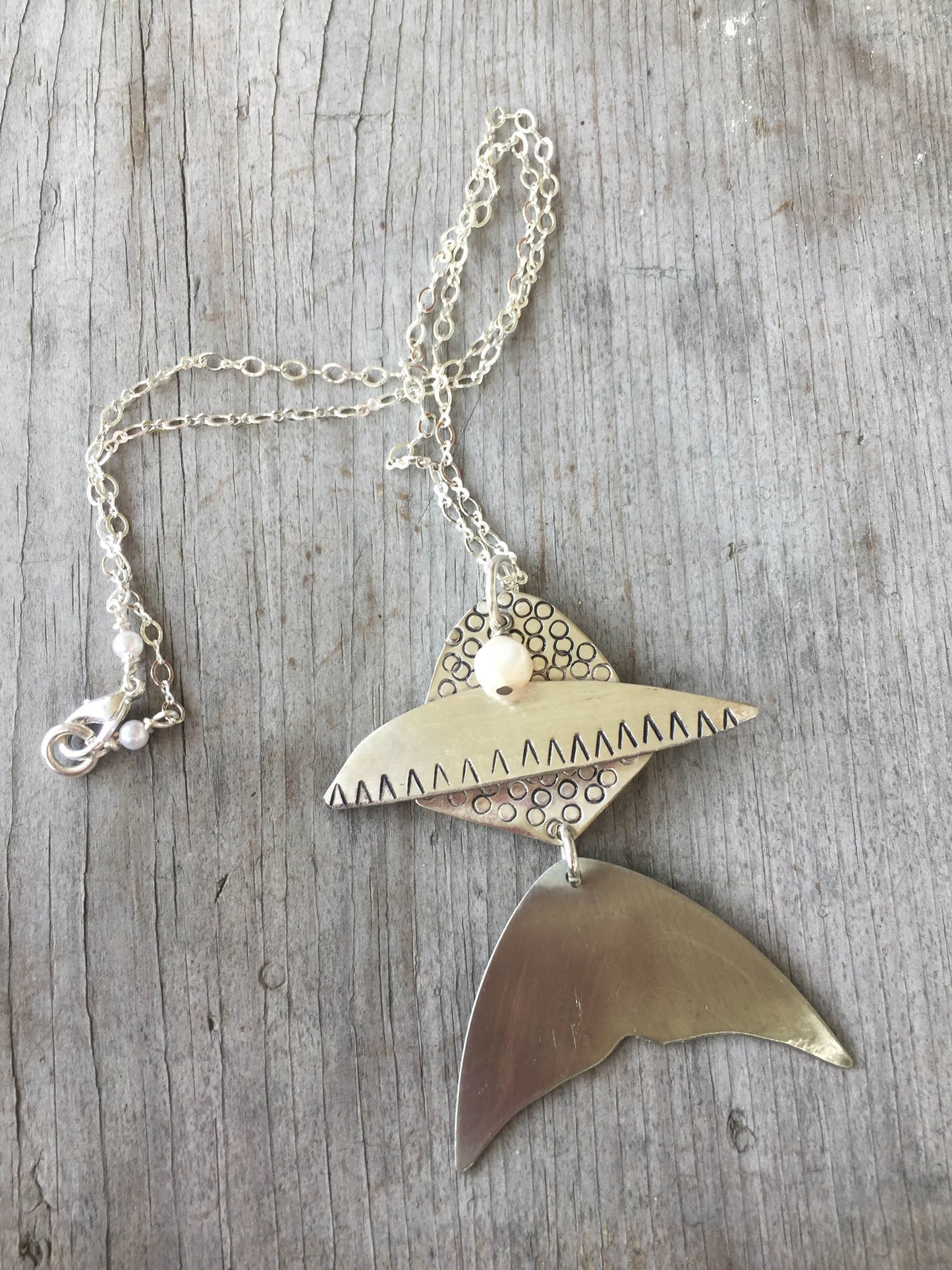 Handcrafted articulated fish statement necklace from vintage silverware spoons with pearl accent - eco-friendly artisan jewelry