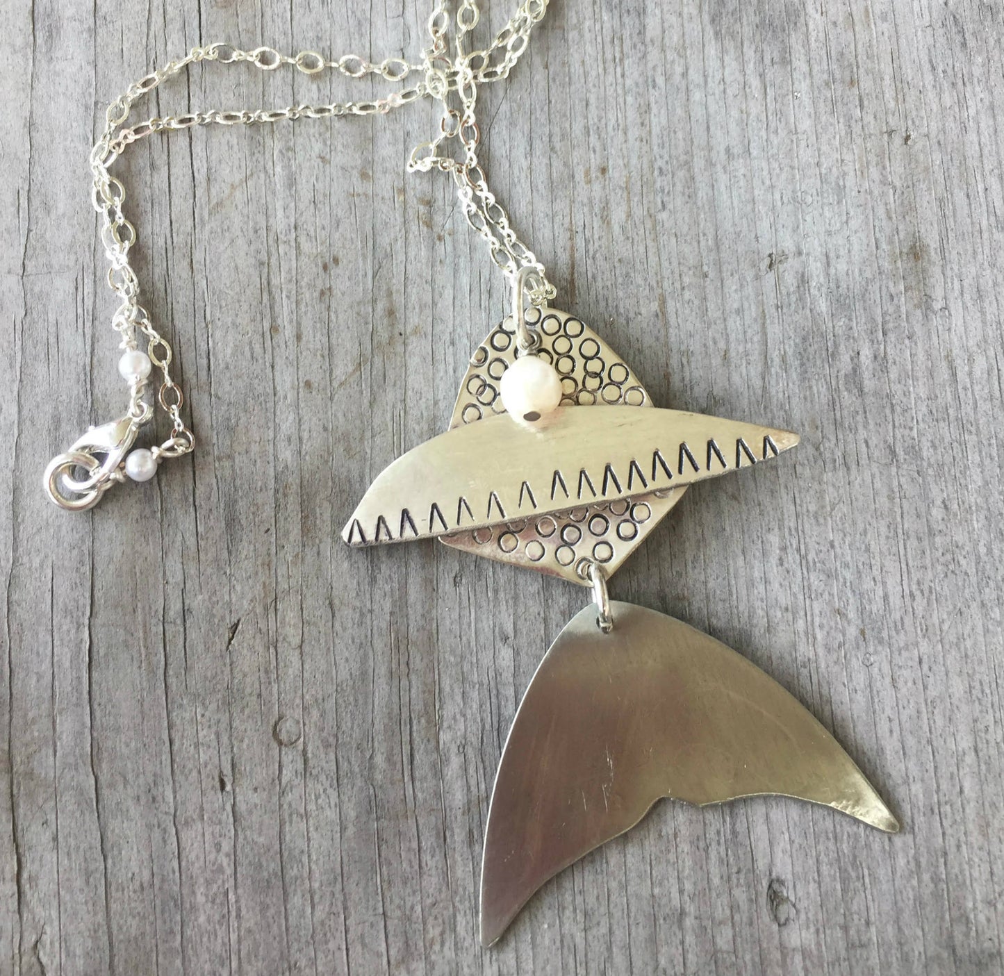 Handcrafted articulated fish necklace made from upcycled vintage spoons with cultured pearl - unique artisan silverware jewelry