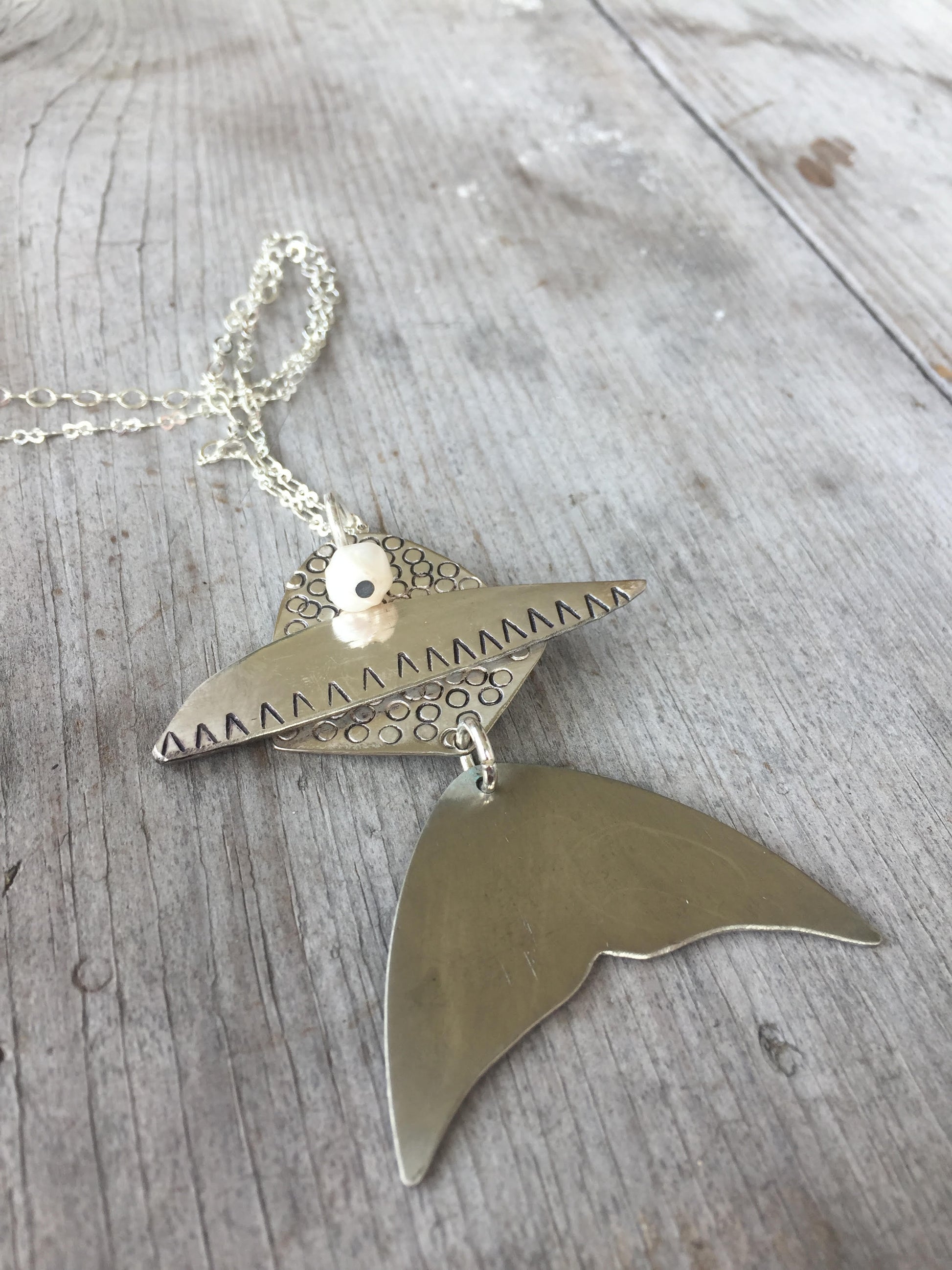 Upcycled vintage spoon fish necklace with articulated movement and cultured pearl - handmade artisan silverware jewelry