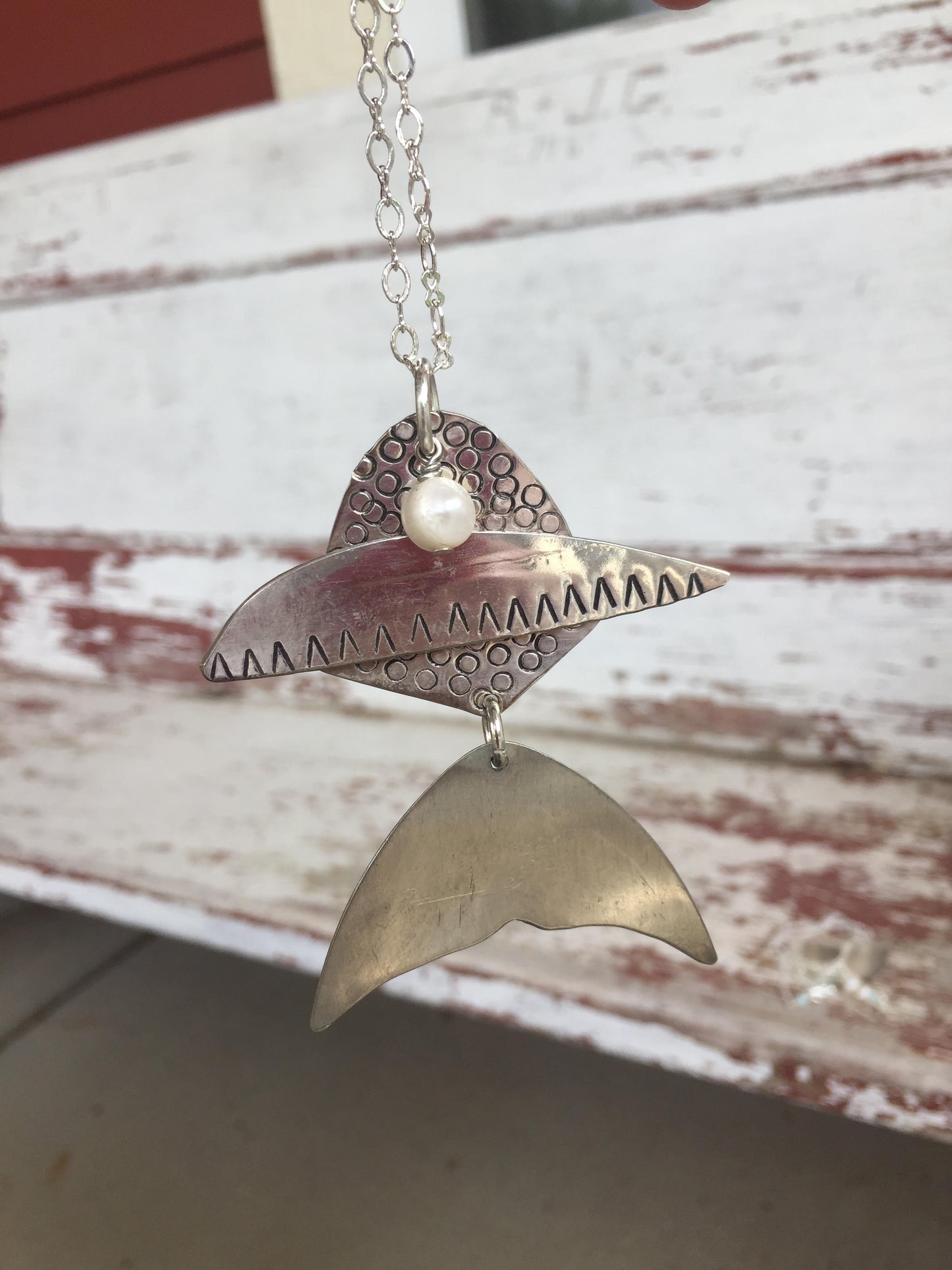 Handcrafted artisan articulated fish necklace from vintage silverware spoons with cultured pearl - unique upcycled jewelry