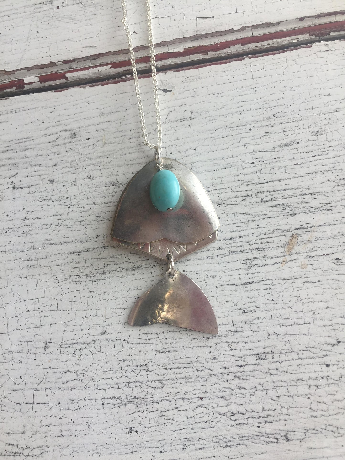 Articulated Fish Necklace from Upcycled Spoons with Stone Bead - #3354