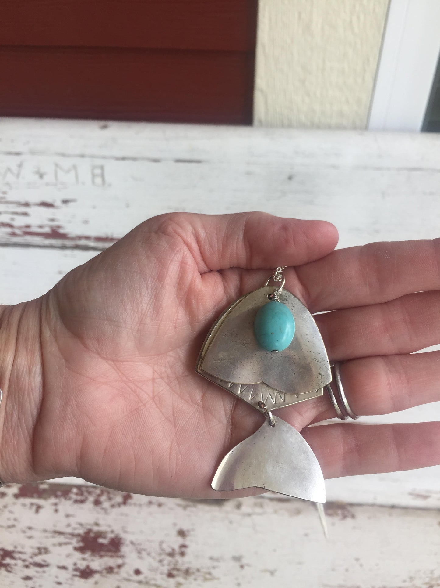 Articulated Fish Necklace from Upcycled Spoons with Stone Bead - #3354