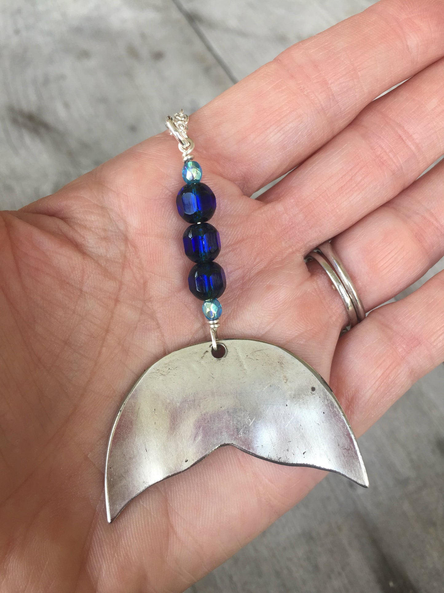 Spoon Whale Tail Necklace - Cobalt Glass Beads - #3452