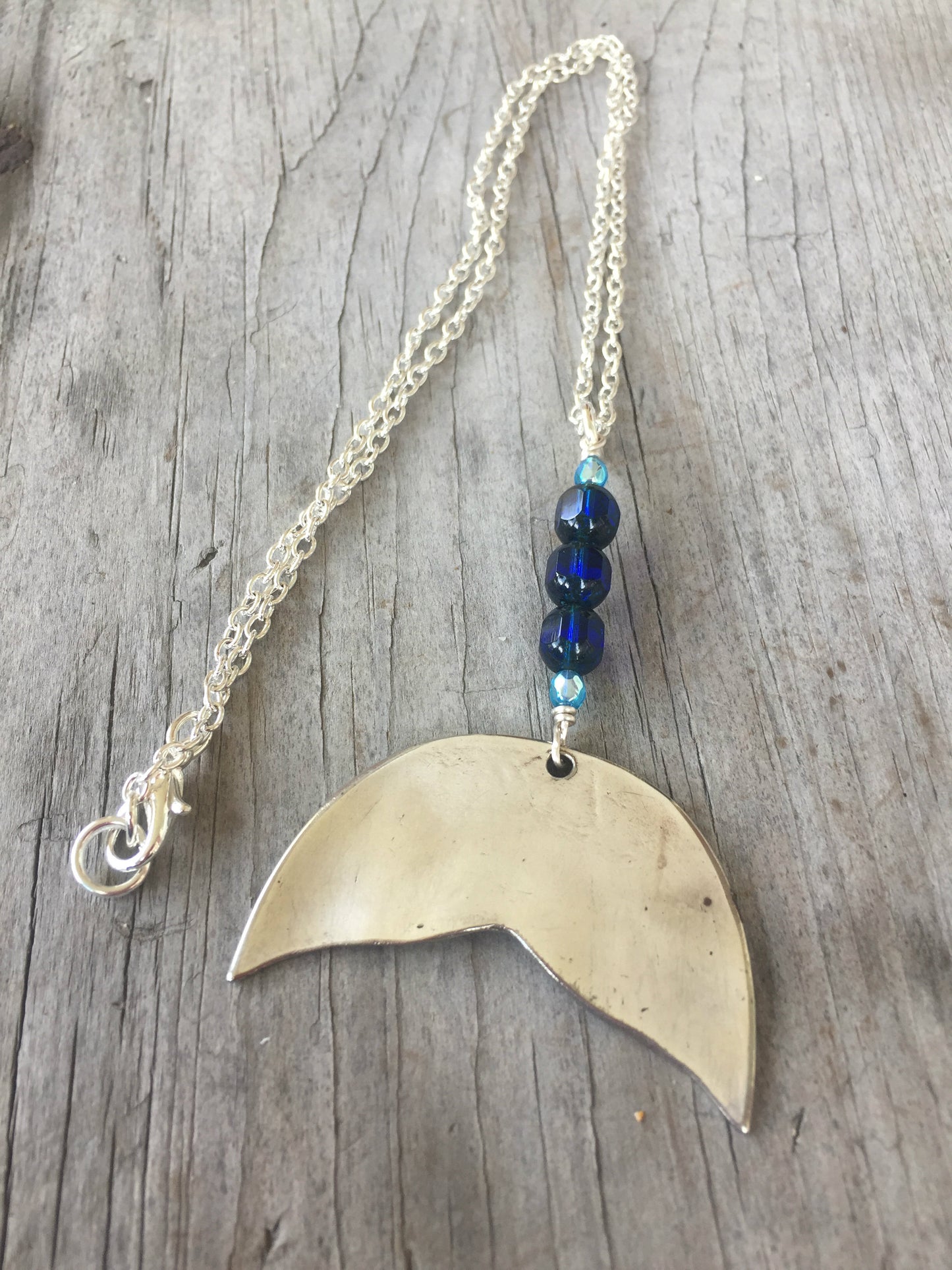 Spoon Whale Tail Necklace - Cobalt Glass Beads - #3452