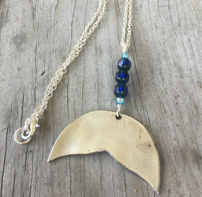 Spoon Whale Tail Necklace - Cobalt Glass Beads - #3452