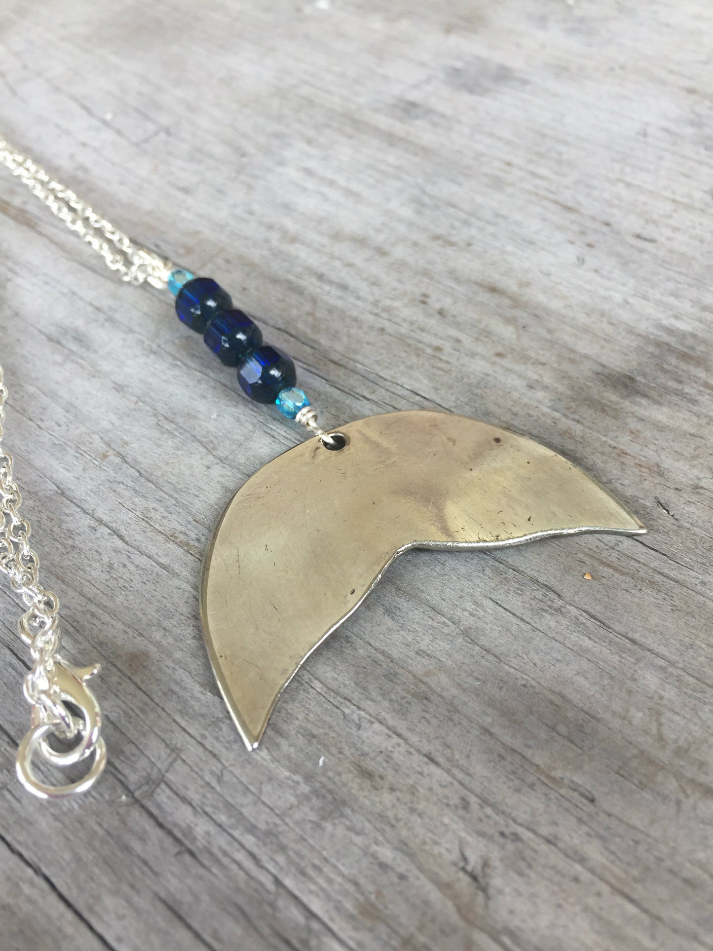 Spoon Whale Tail Necklace - Cobalt Glass Beads - #3452