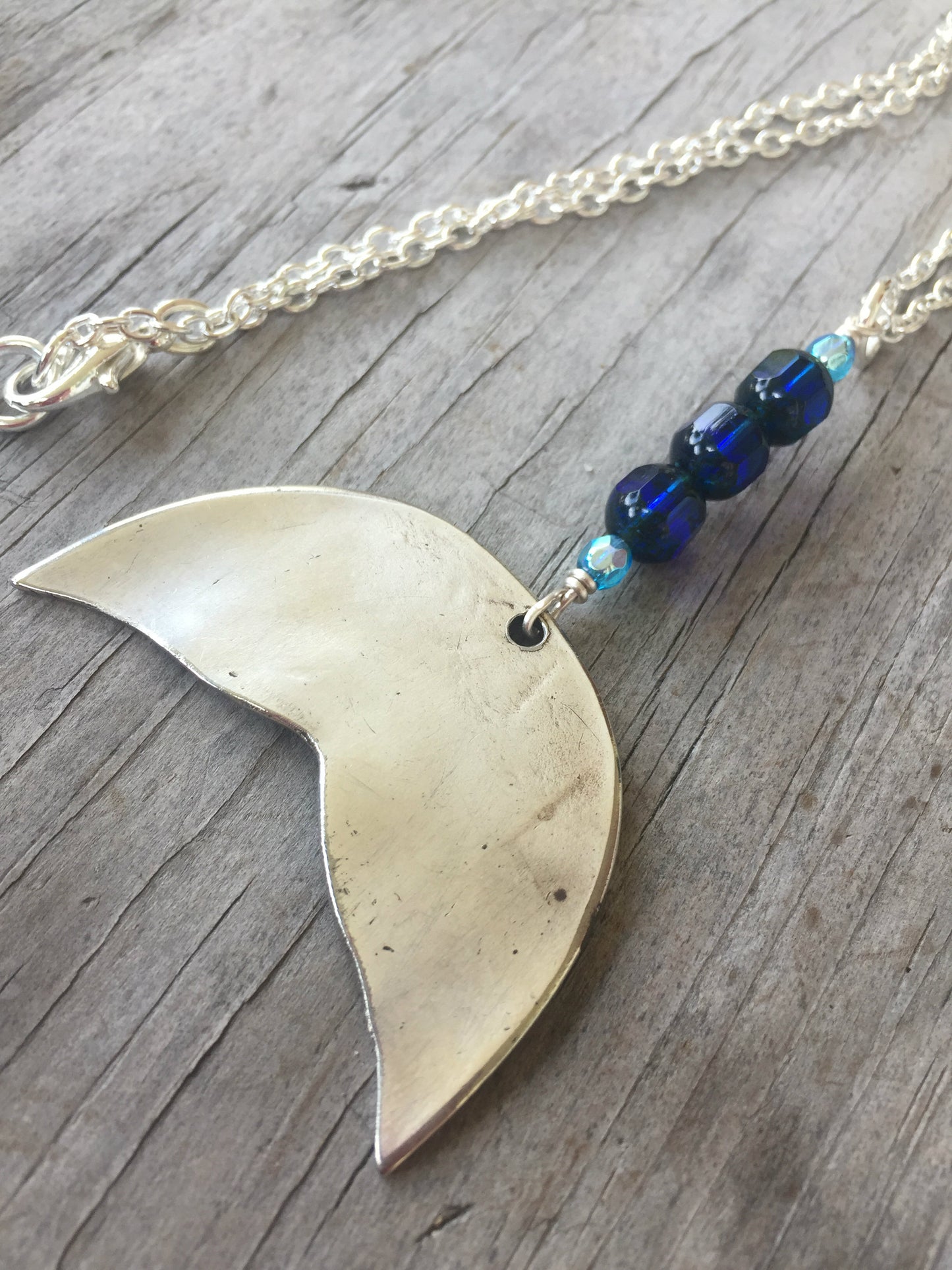 Spoon Whale Tail Necklace - Cobalt Glass Beads - #3452
