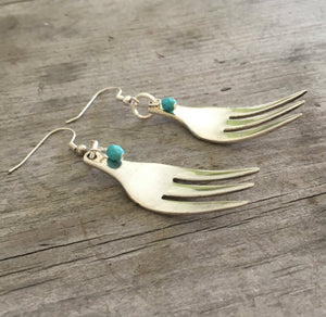 Cocktail fork earrings with teal green beads side view