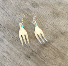 Cocktail fork earrings with teal green beads
