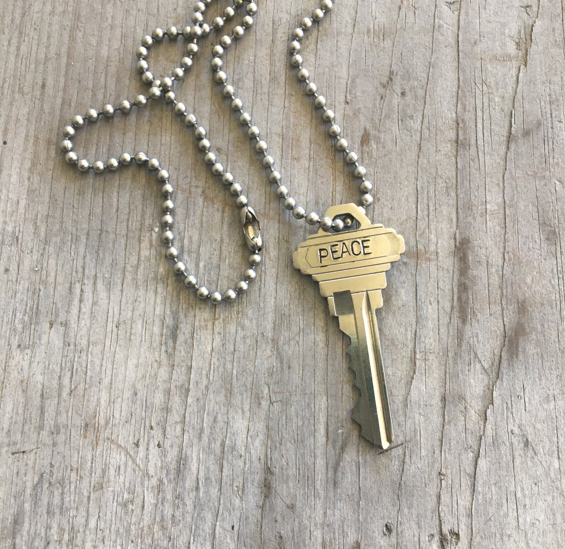 Hand Stamped Key Necklace PEACE
