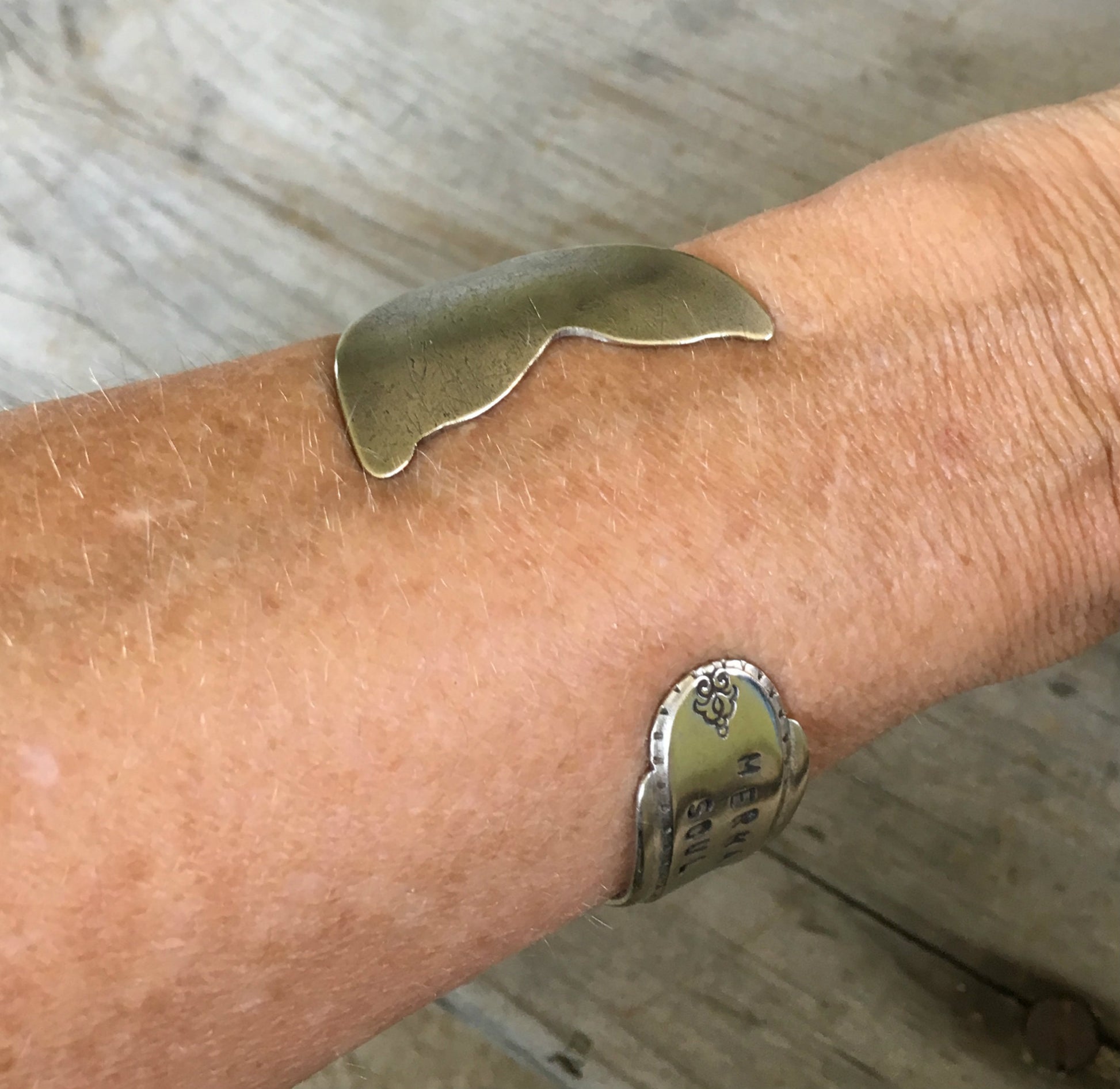 Spoon Cuff Bracelet Mermaid Soul with Tail Fin End Shown On Model Wrist