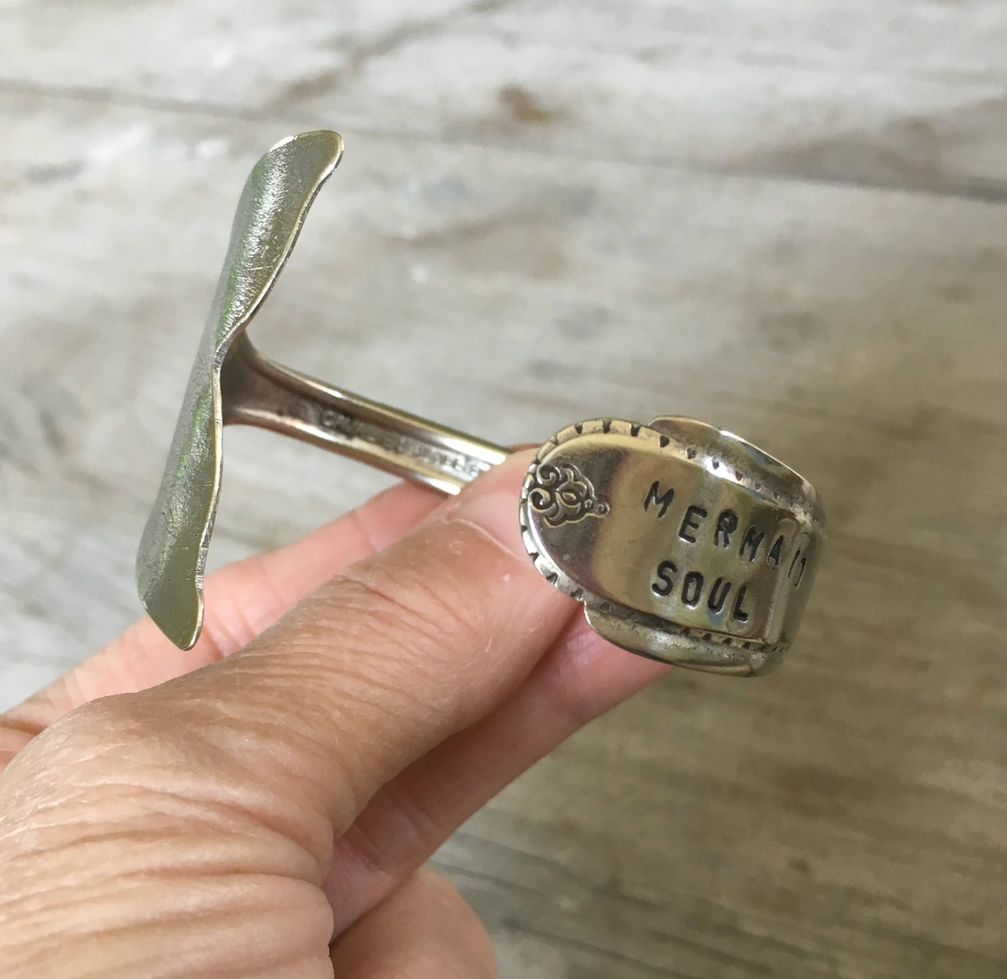 Hand stamped Spoon Cuff Bracelet Mermaid Soul with Tail Fin End