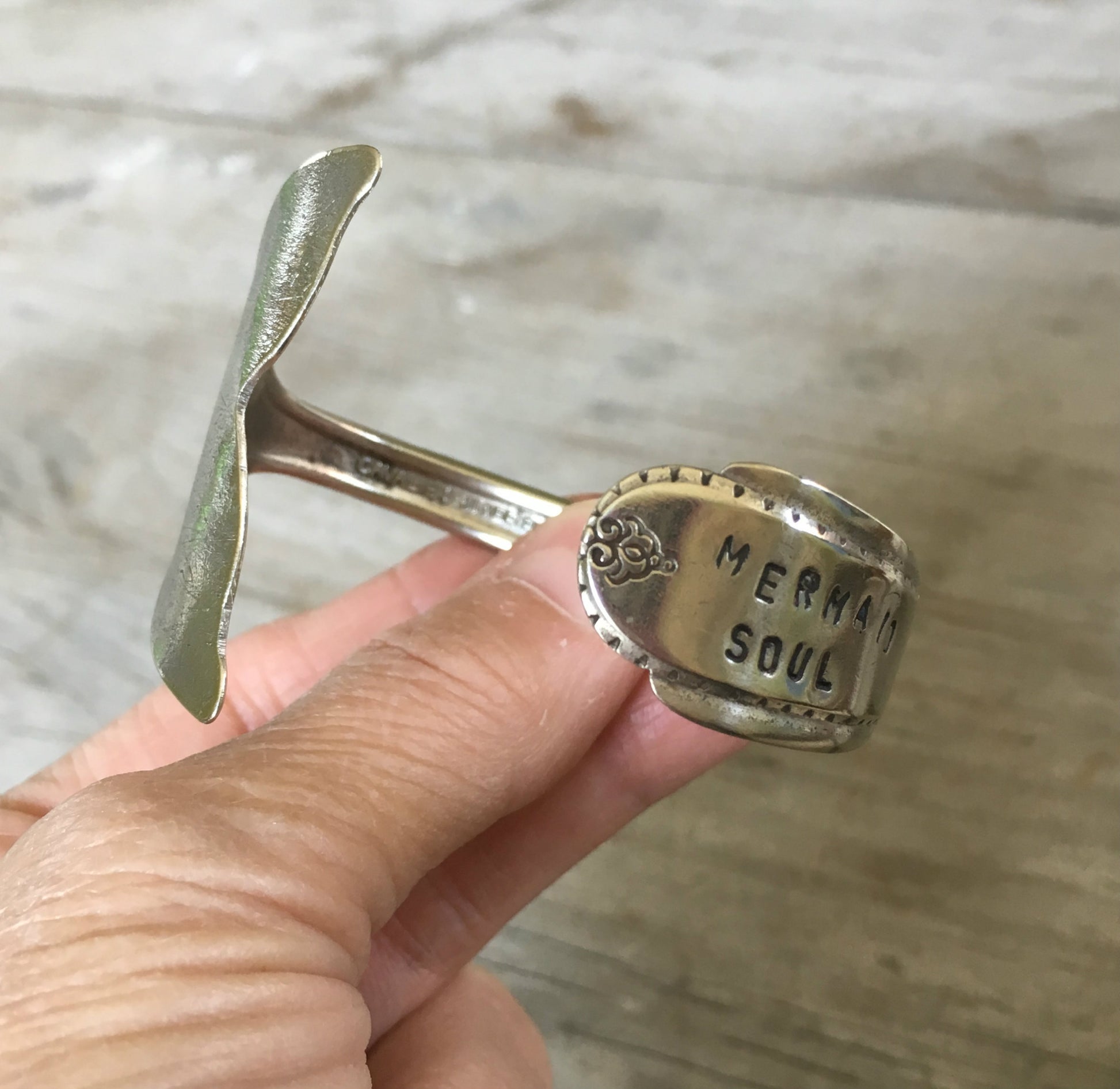 Hand stamped Spoon Cuff Bracelet Mermaid Soul with Tail Fin End