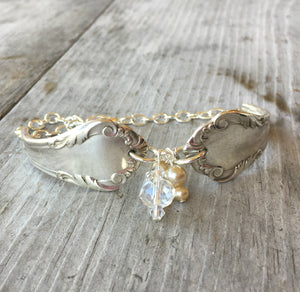 Spoon Link Bracelet - Crystal & Pearl Vintage Beads - #3576