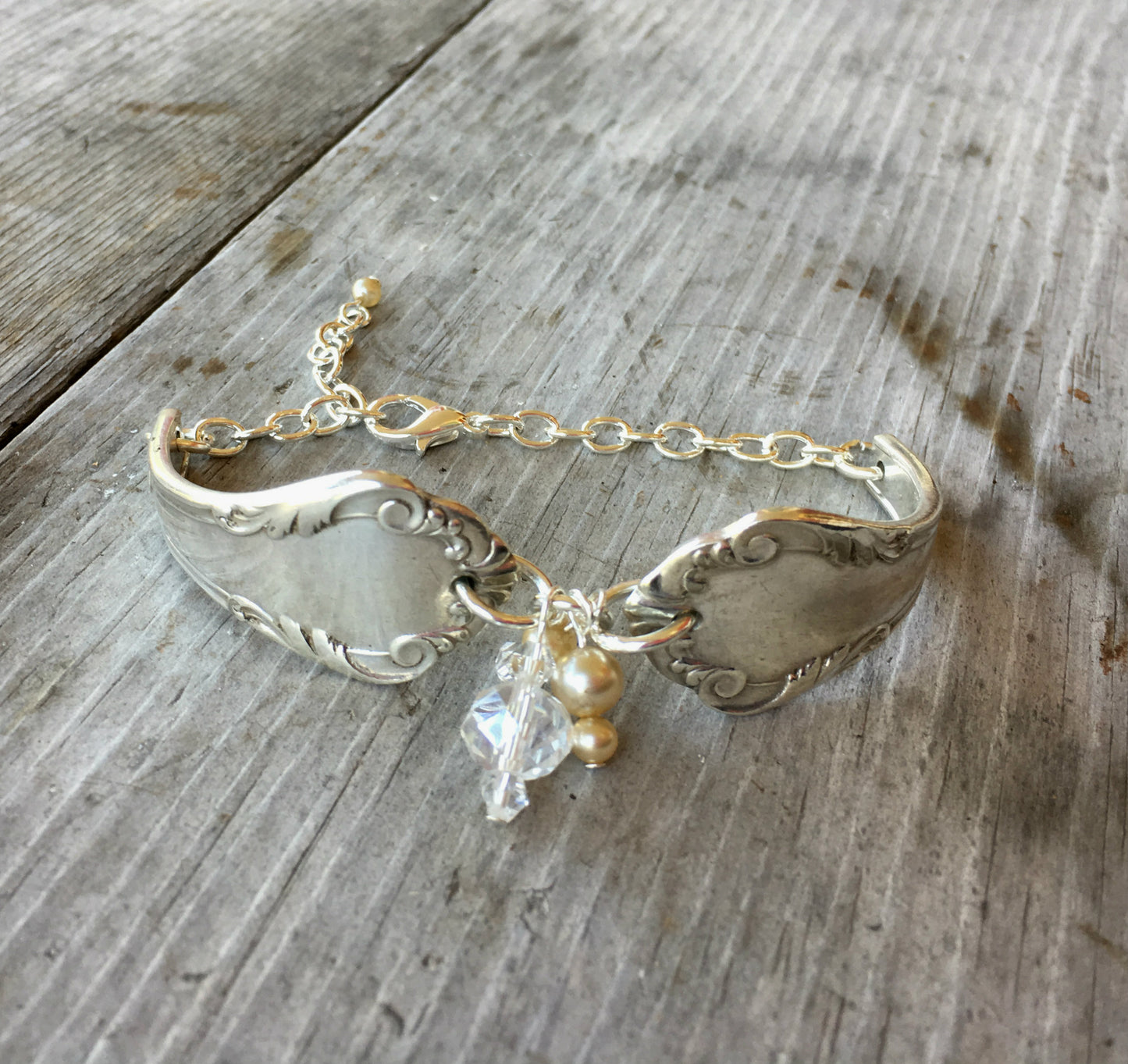Spoon Link Bracelet - Crystal & Pearl Vintage Beads - #3576