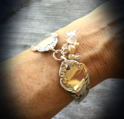 Spoon Link Bracelet - Crystal & Pearl Vintage Beads - #3576