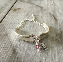 Del Mar Silverware Handle Link Bracelet with pink beads and pewter cross charm