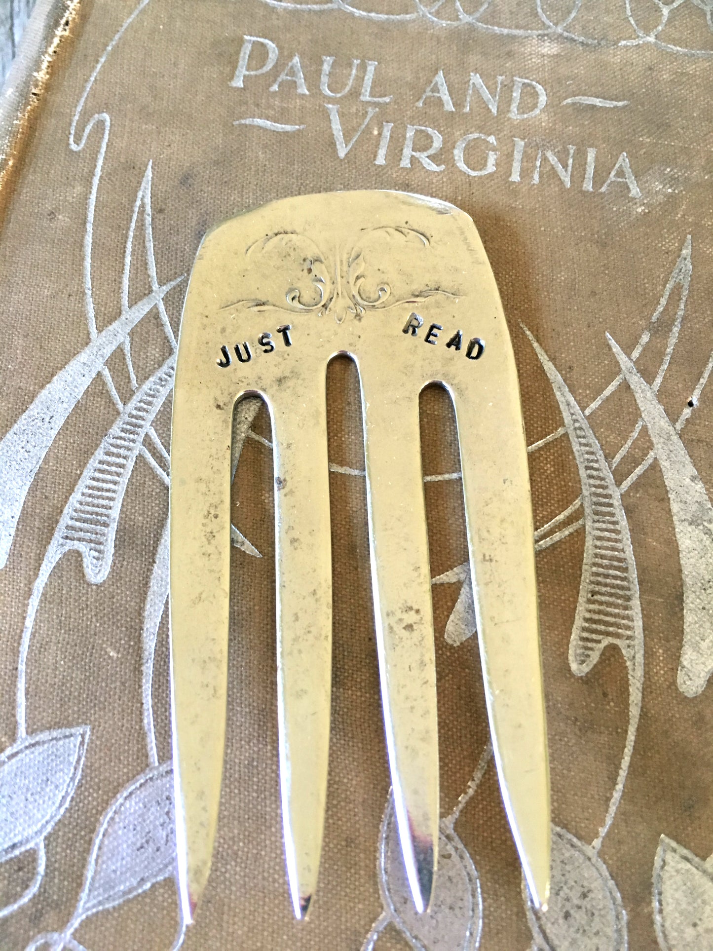 Upcycled Fork Bookmark Handstamped with Just Read