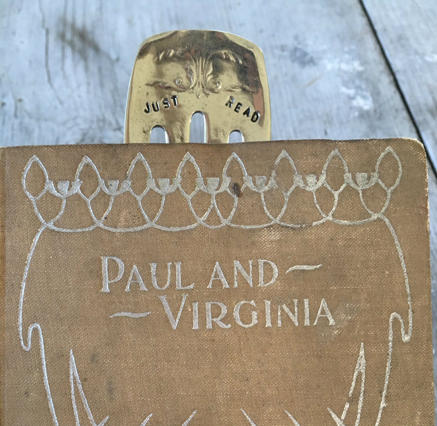 Upcycled Fork Bookmark shown in book saving page