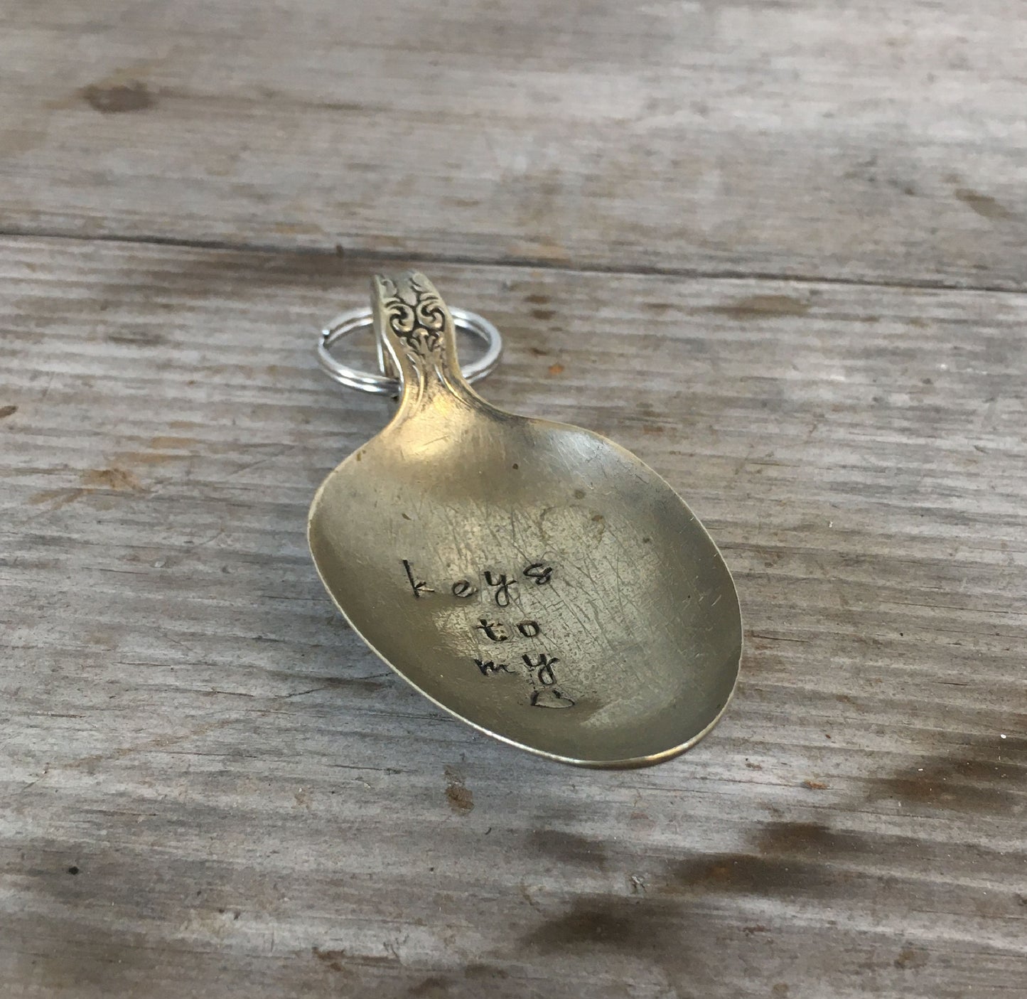 Side view of Hand Stamped Spoon Keychain with Keys to My Heart